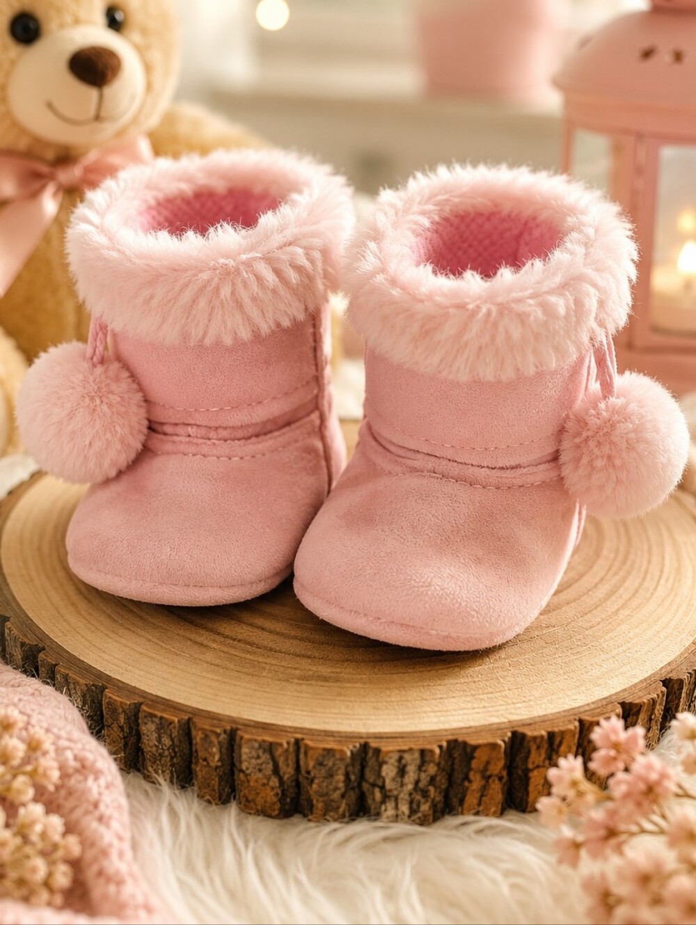 Build-A-Bear Pink Faux Suede Winter Boots w/ Faux Fur Trim & Pom Poms Teddy Bear